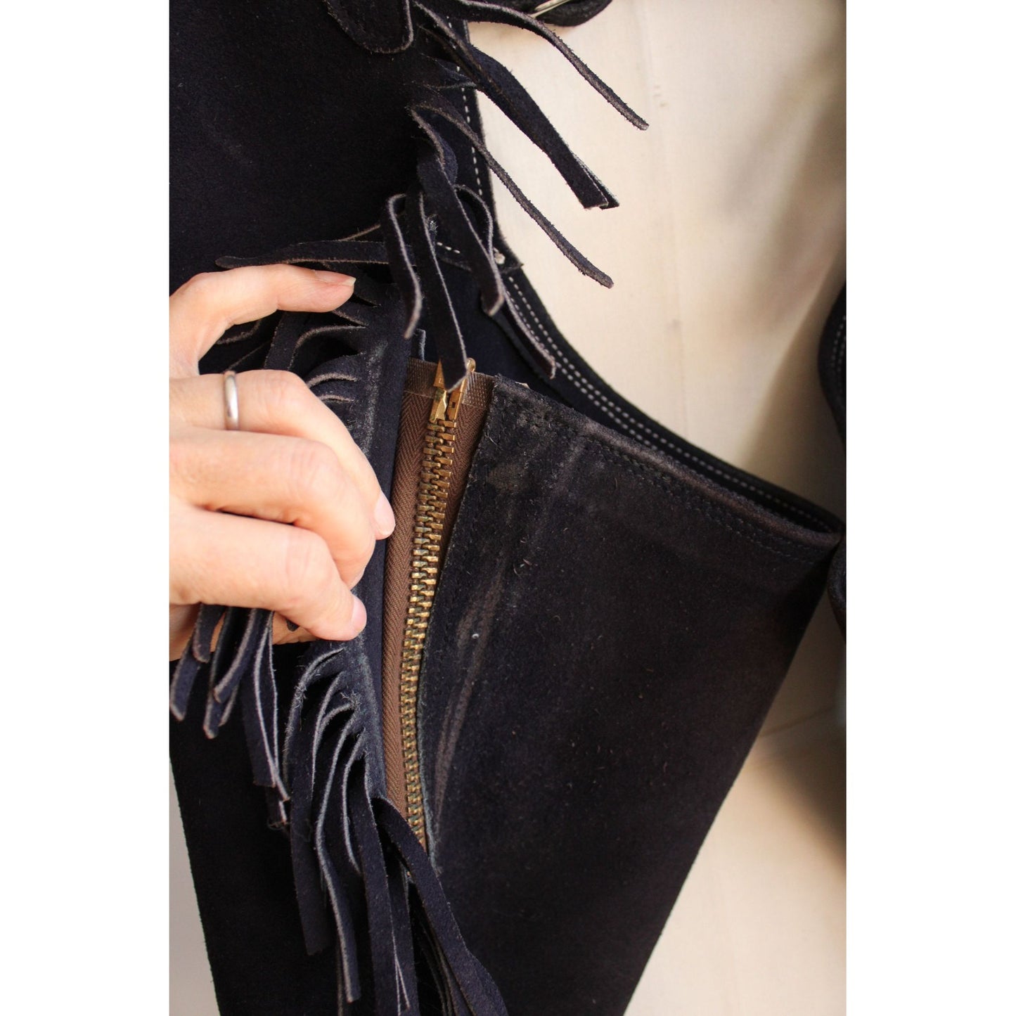Vintage 1980s 1990s Navy Blue Suede Chaps with Fringe