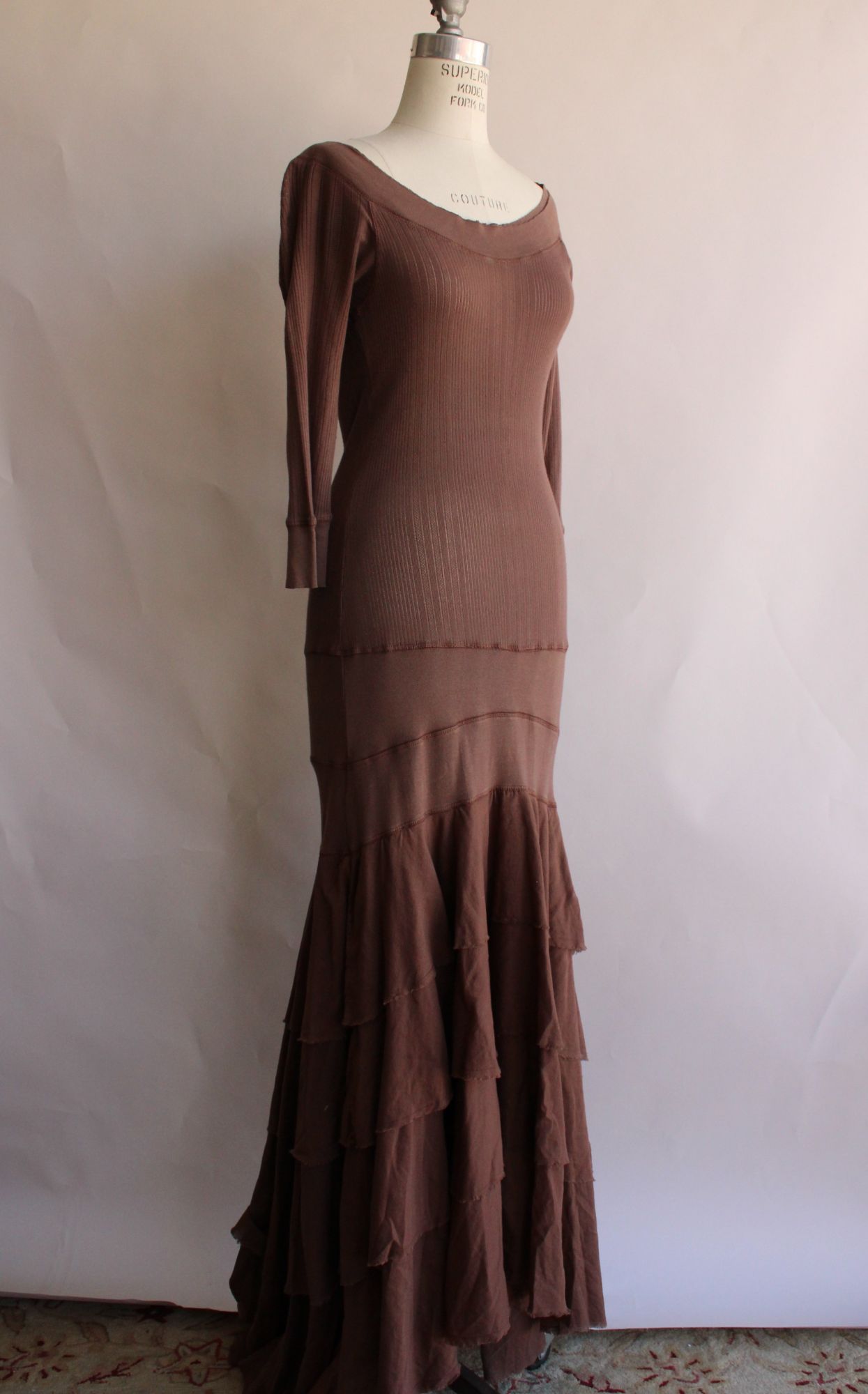 Eco-Ganik womens Dress in brown, Size Small, Full length, multi tiered