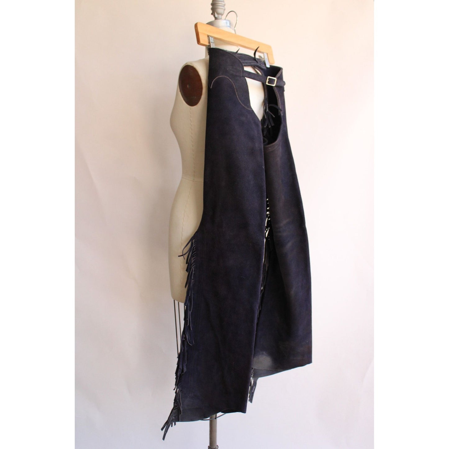 Vintage 1980s 1990s Navy Blue Suede Chaps with Fringe