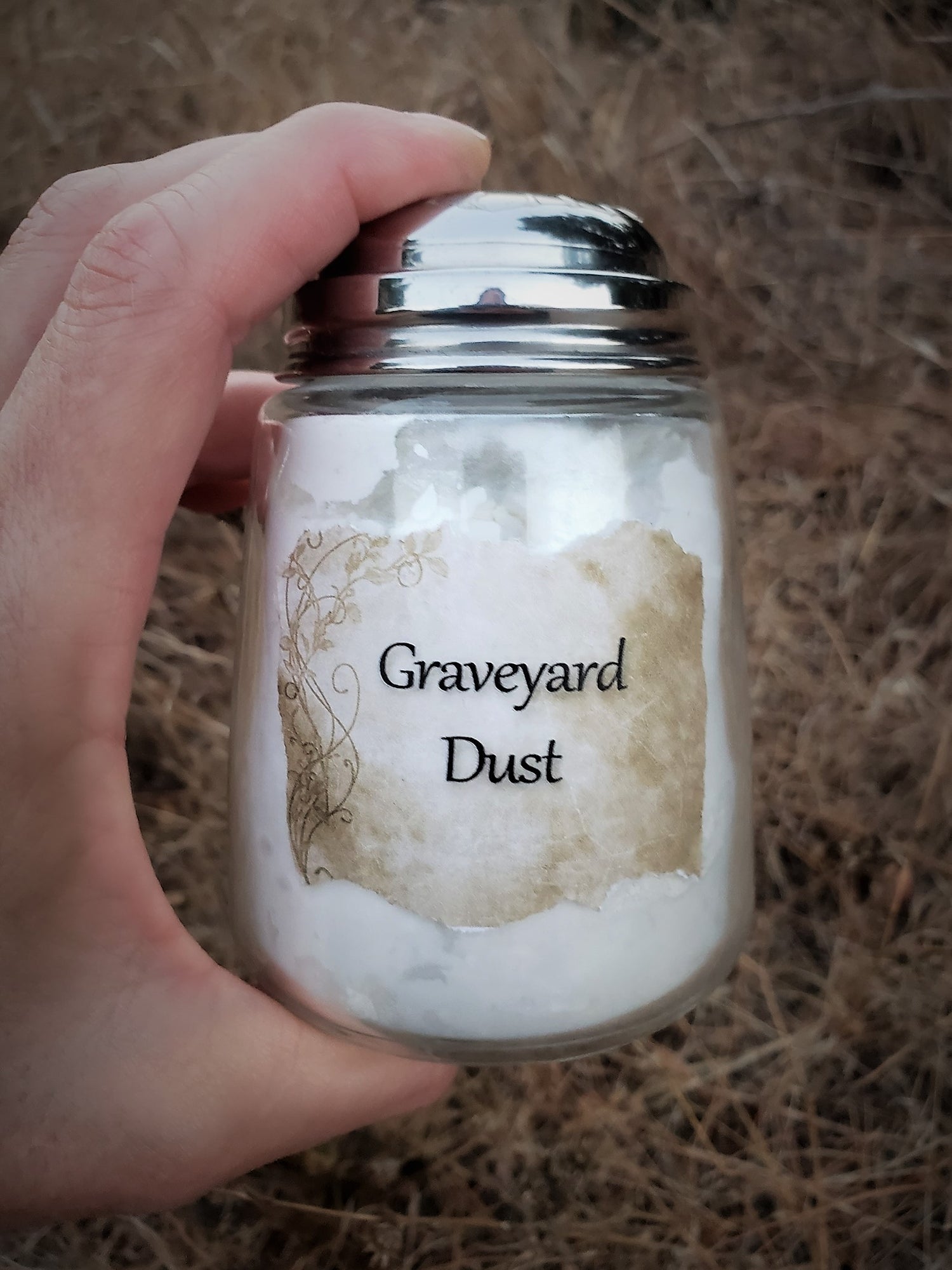 "Graveyard Dust" Scented Talc Free Body Powder in a Vintage Shaker Jar