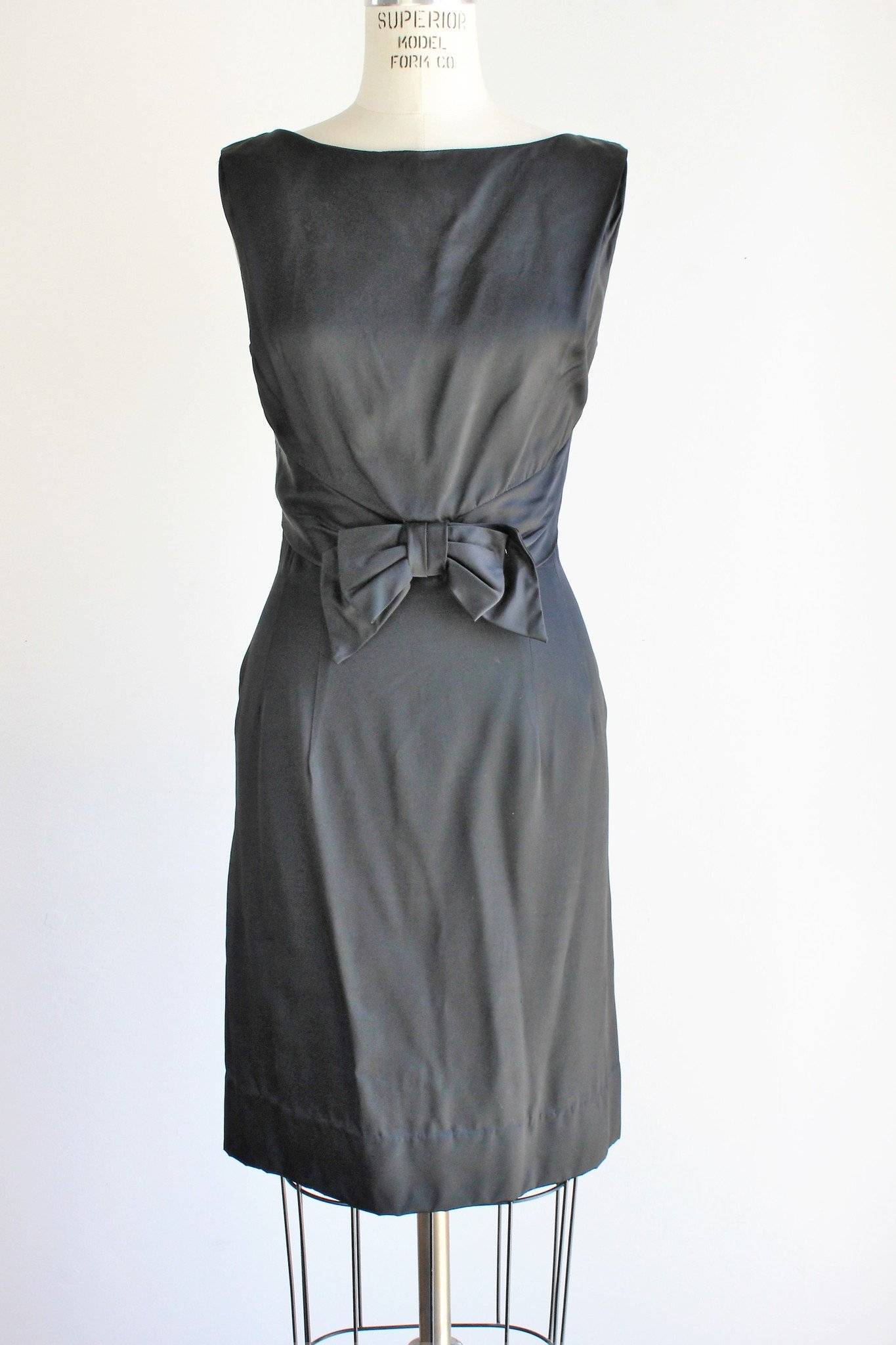 Vintage 1950s Black Faille Molly Modes Little Black Dress-The Black Velvet Emporium-Big Bow,Dress,faille,LBD,LBD 1950 50s,Little Black Dress,molly Modes,pencil skirt,Vintage,Vintage Clothing,Wiggle