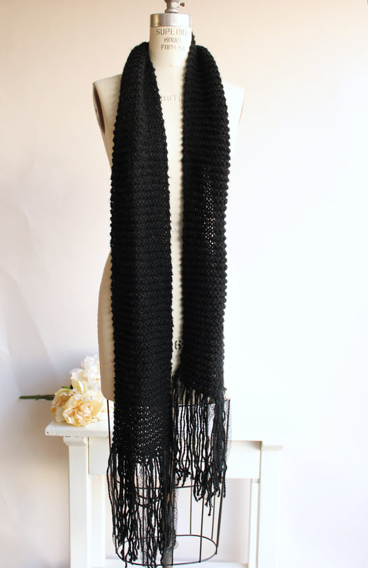 Handknit "The Peculiar" Black HandKnit  Scarf With Lace Fringe
