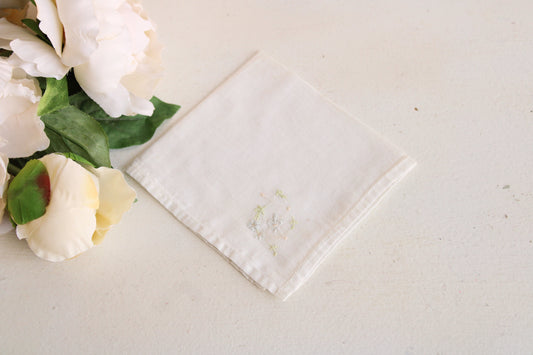 Vintage White Linen Hankie with Fleur De Lis Embroidery