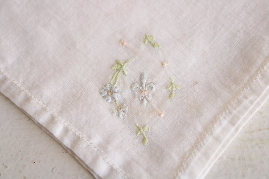 Vintage White Linen Hankie with Fleur De Lis Embroidery