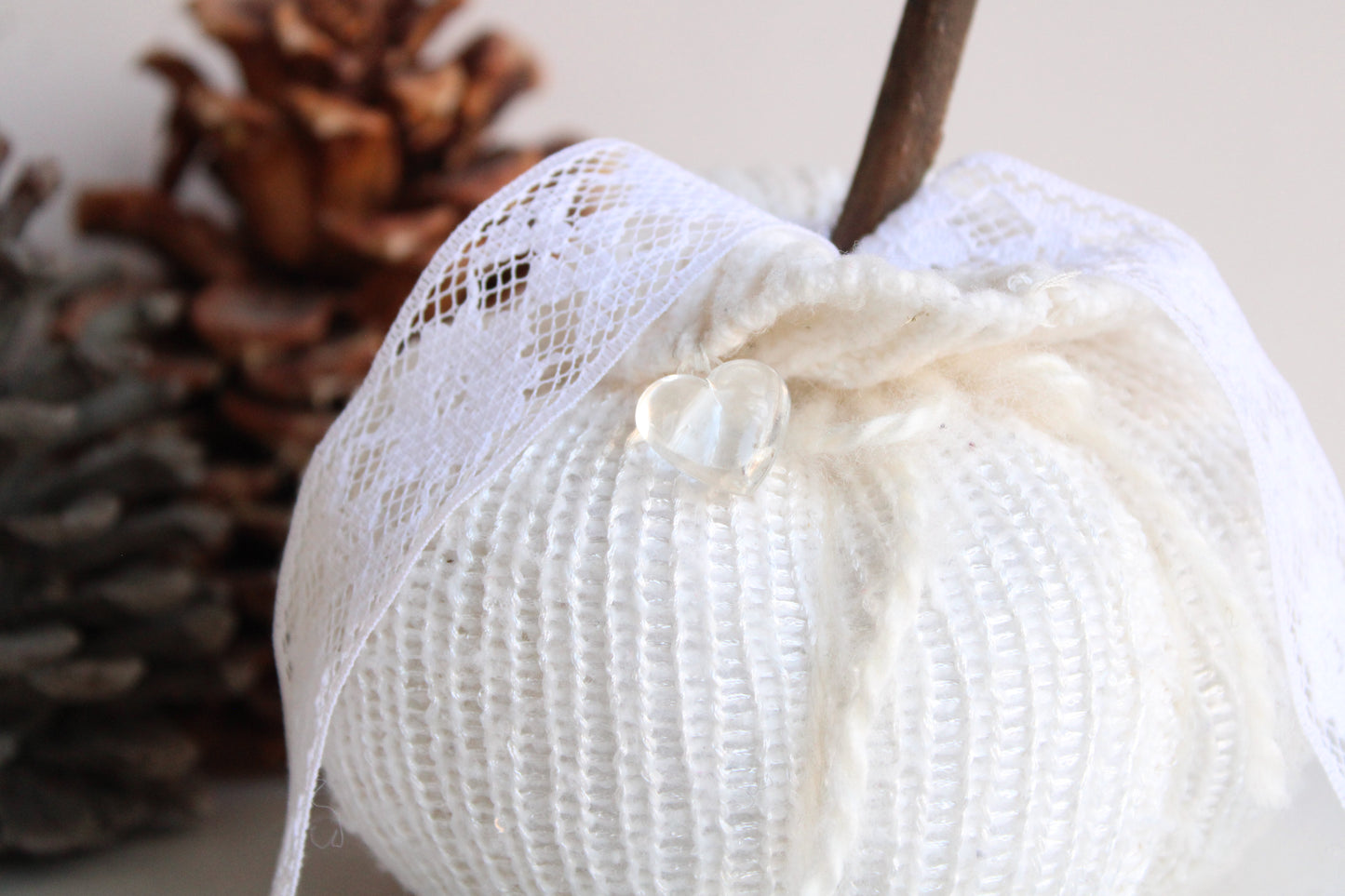 Creamy White Knit Pumpkin PIllow Pouf with Vintage Lace And Crystal Heart