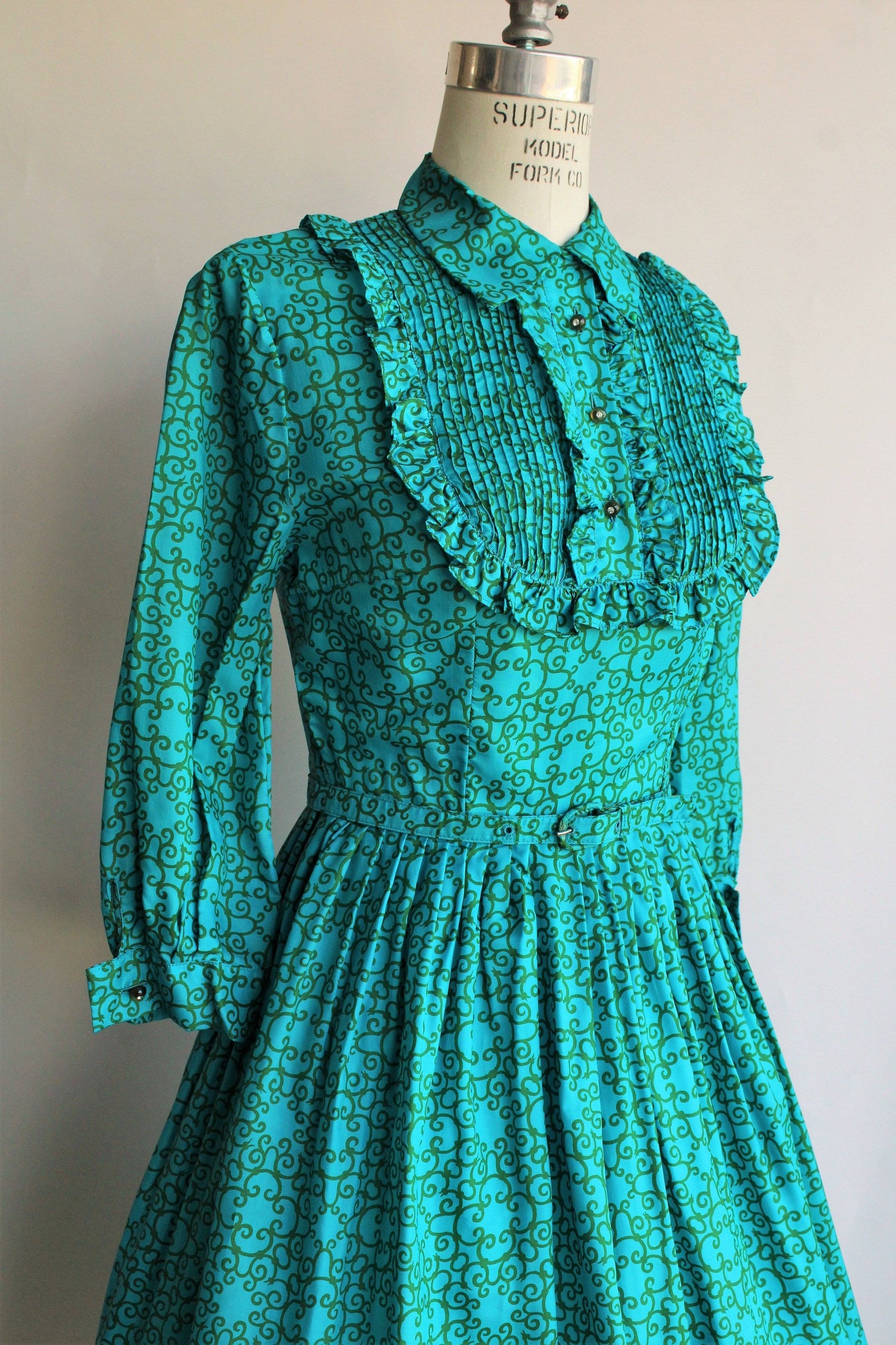 Vintage 1950s 1960s Blue and Green Dress With Belt and Tuxedo Front