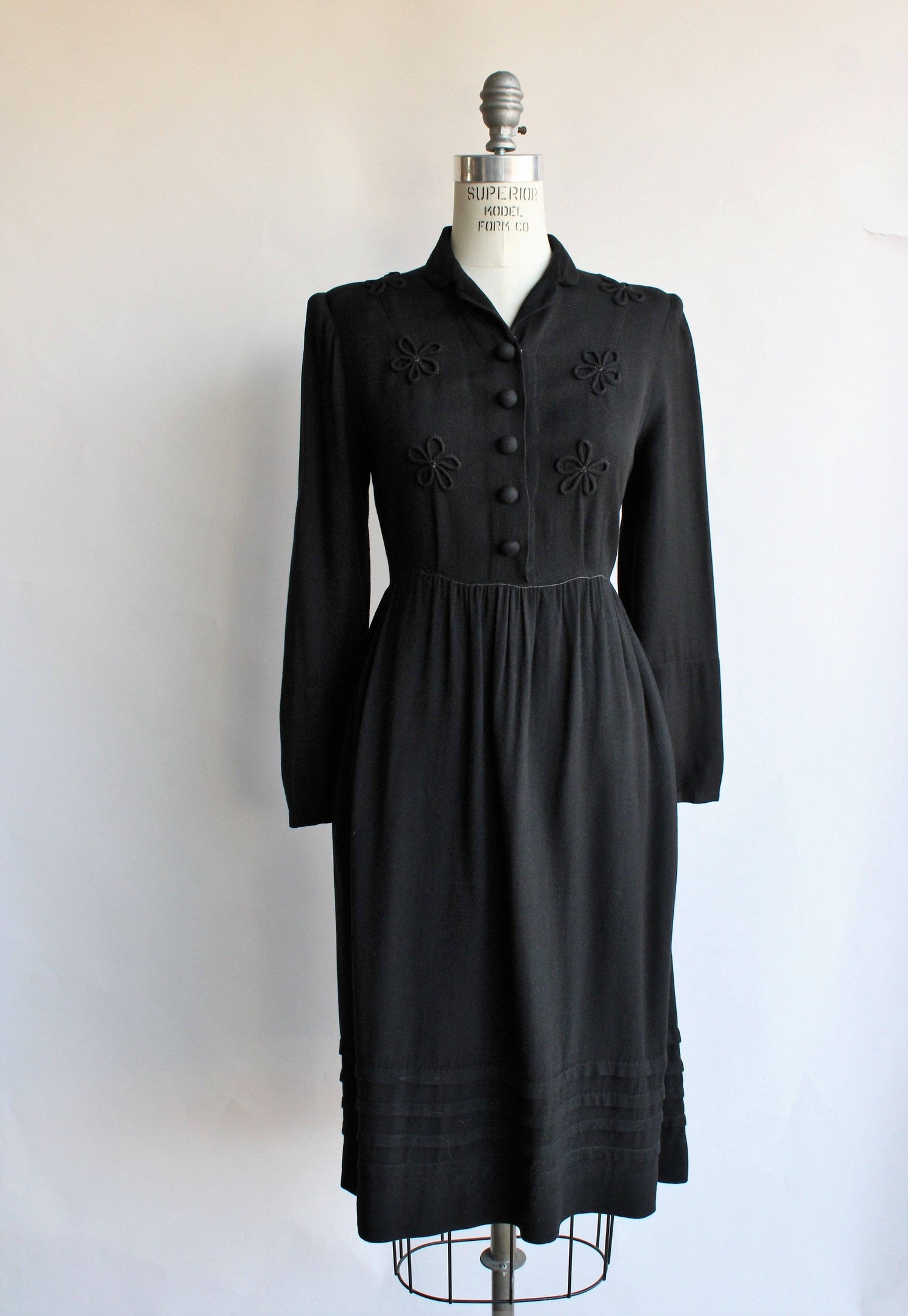 Vintage 1930s 1940s Black Wool Dress-Toadstool Farm Vintage-1930s 1940s black wool dress,art deco clothing,little black dress,shoulder pad