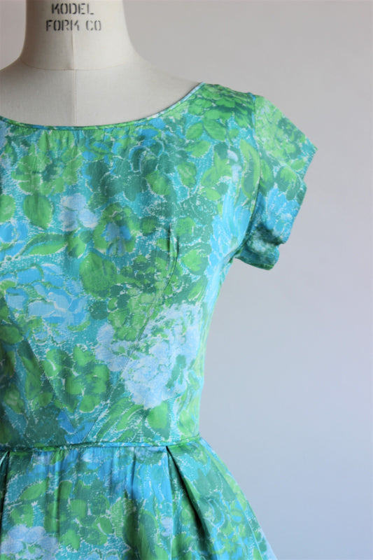 Vintage 1950s 1960s Blue Rose Fit And Flare Dress by Elinor Gay