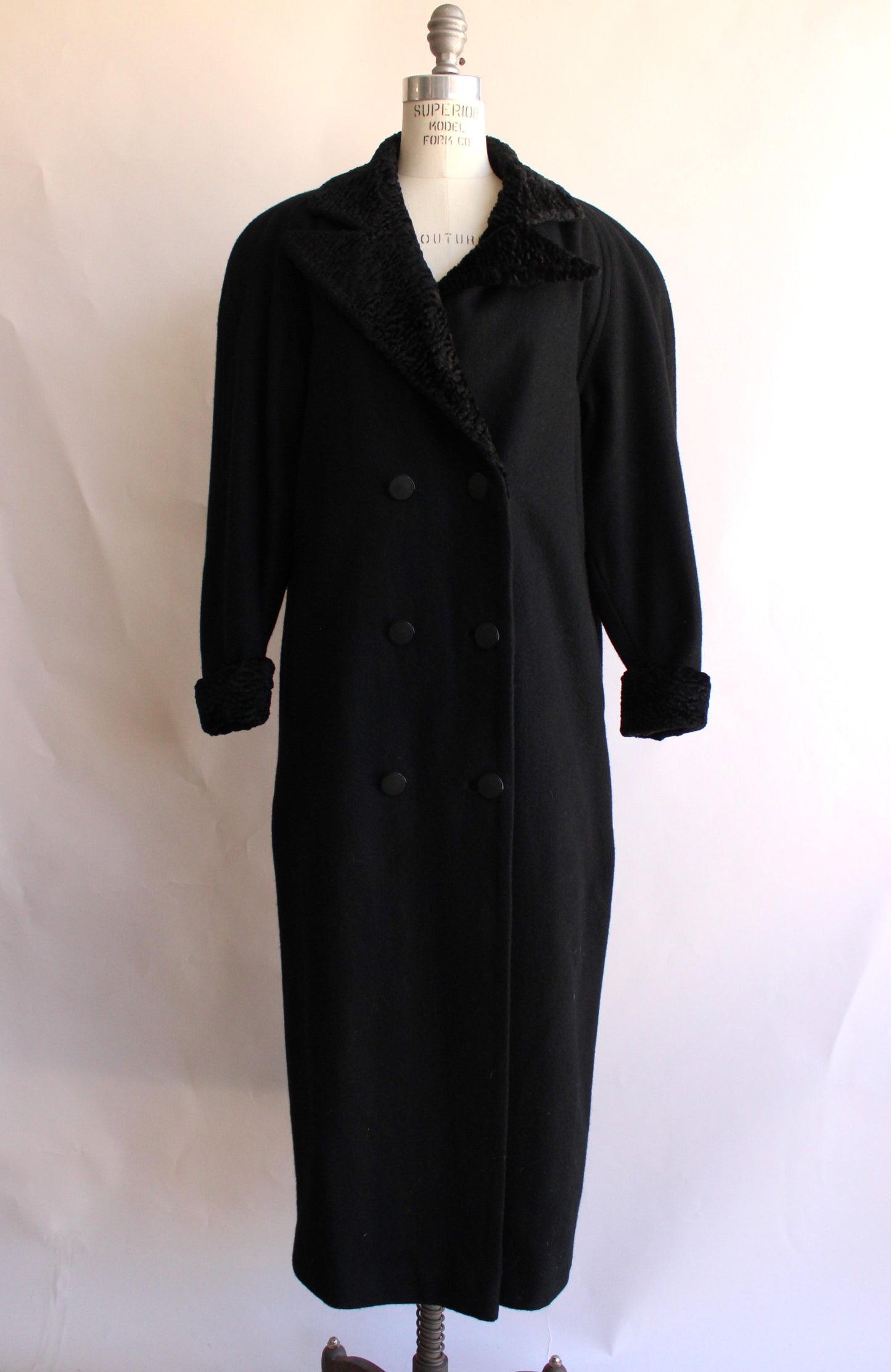 Vintage 1980s Black Wool Double Breasted Overcoat