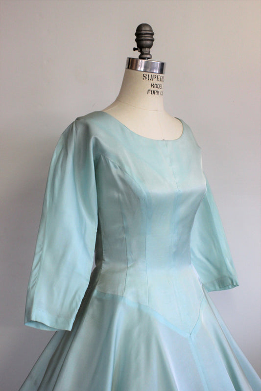 Vintage 1950s Satin Fit And Flare Ice Blue Dress