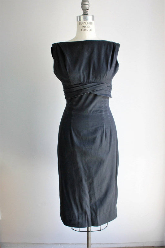 Vintage 1950s or 1960s Black Cotton Faille Dress-The Black Velvet Emporium-1950s 1960s,dress,Vintage,Vintage Clothing,wiggle dress