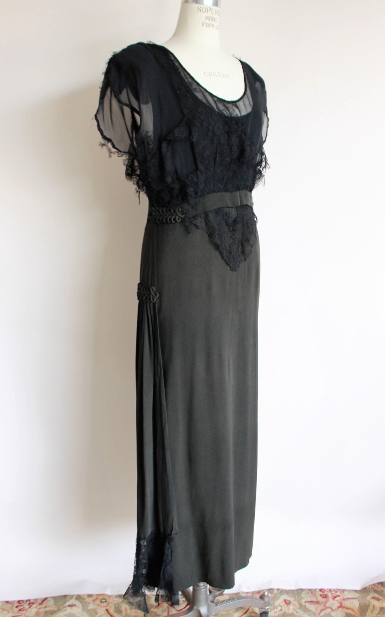 Vintage 1940s Black Rayon Dress With Lace Blouse
