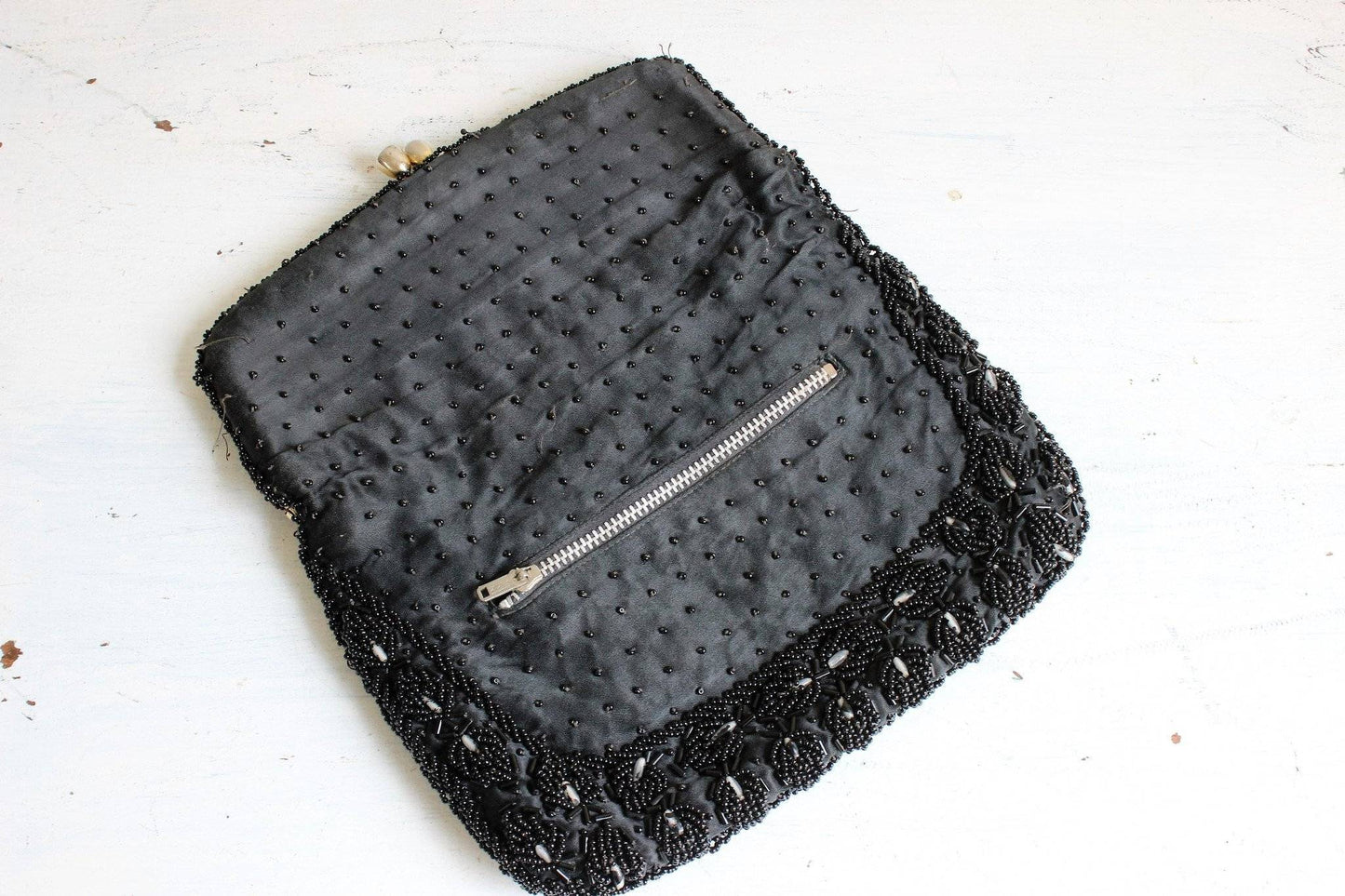 Vintage 1950s Black Beaded Clutch Purse Evening Bag Made In Hong Kong