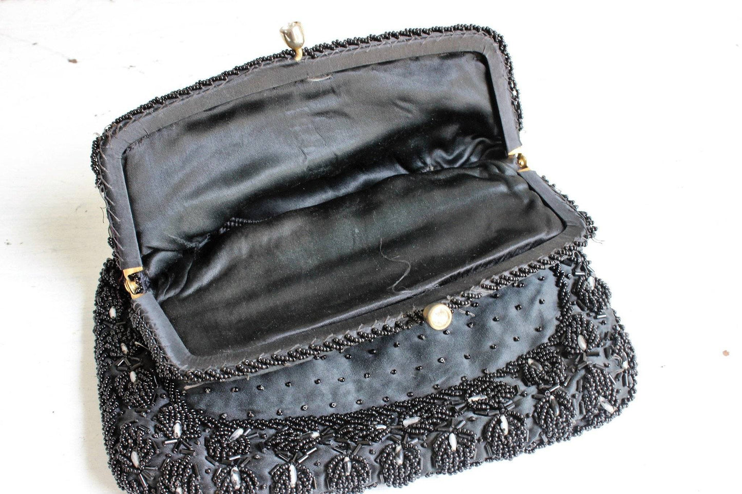 Vintage 1950s Black Beaded Clutch Purse Evening Bag Made In Hong Kong