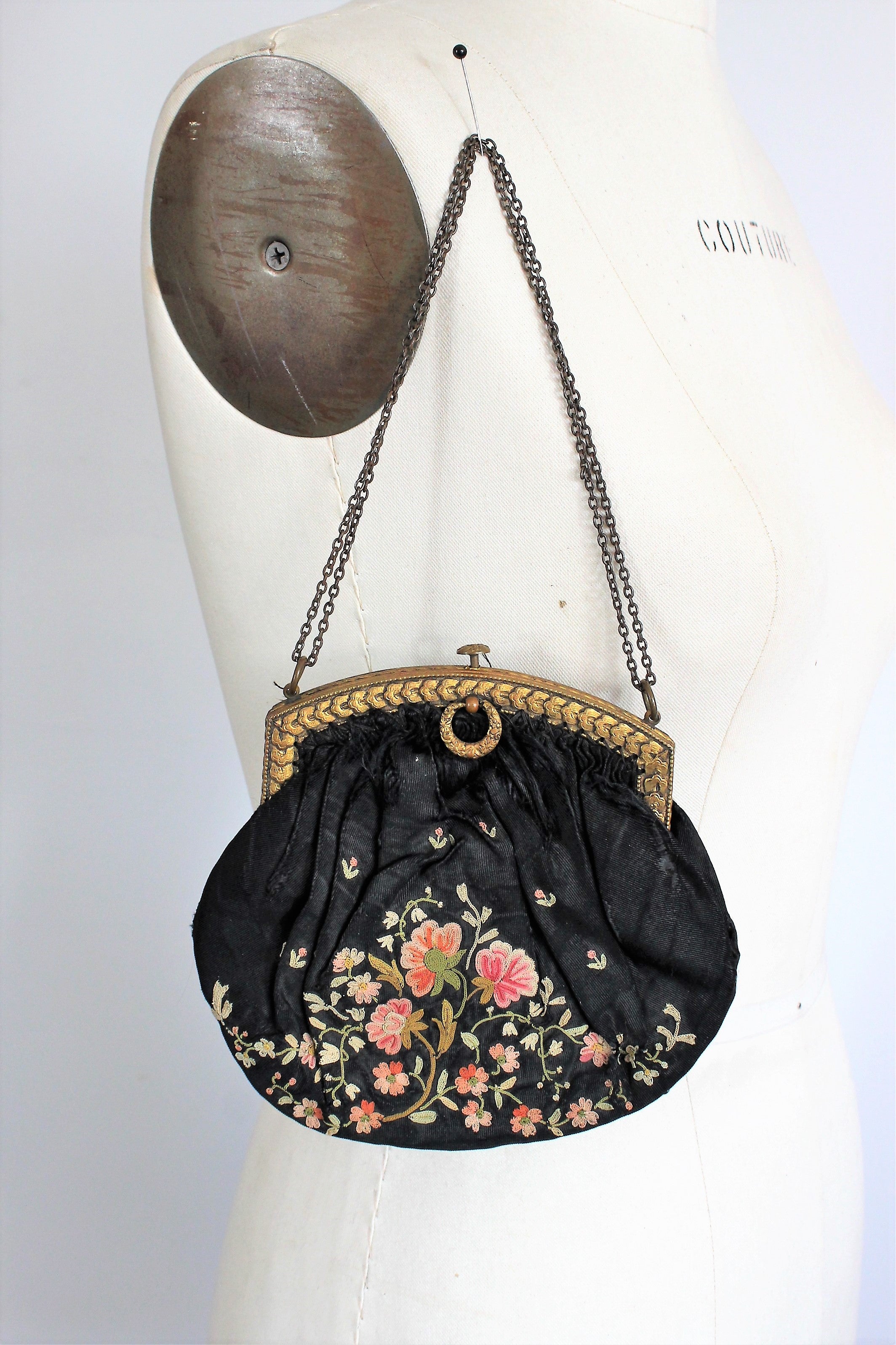 Hand Painted Silk Bag; Oval Evening Purse - Black Peonies