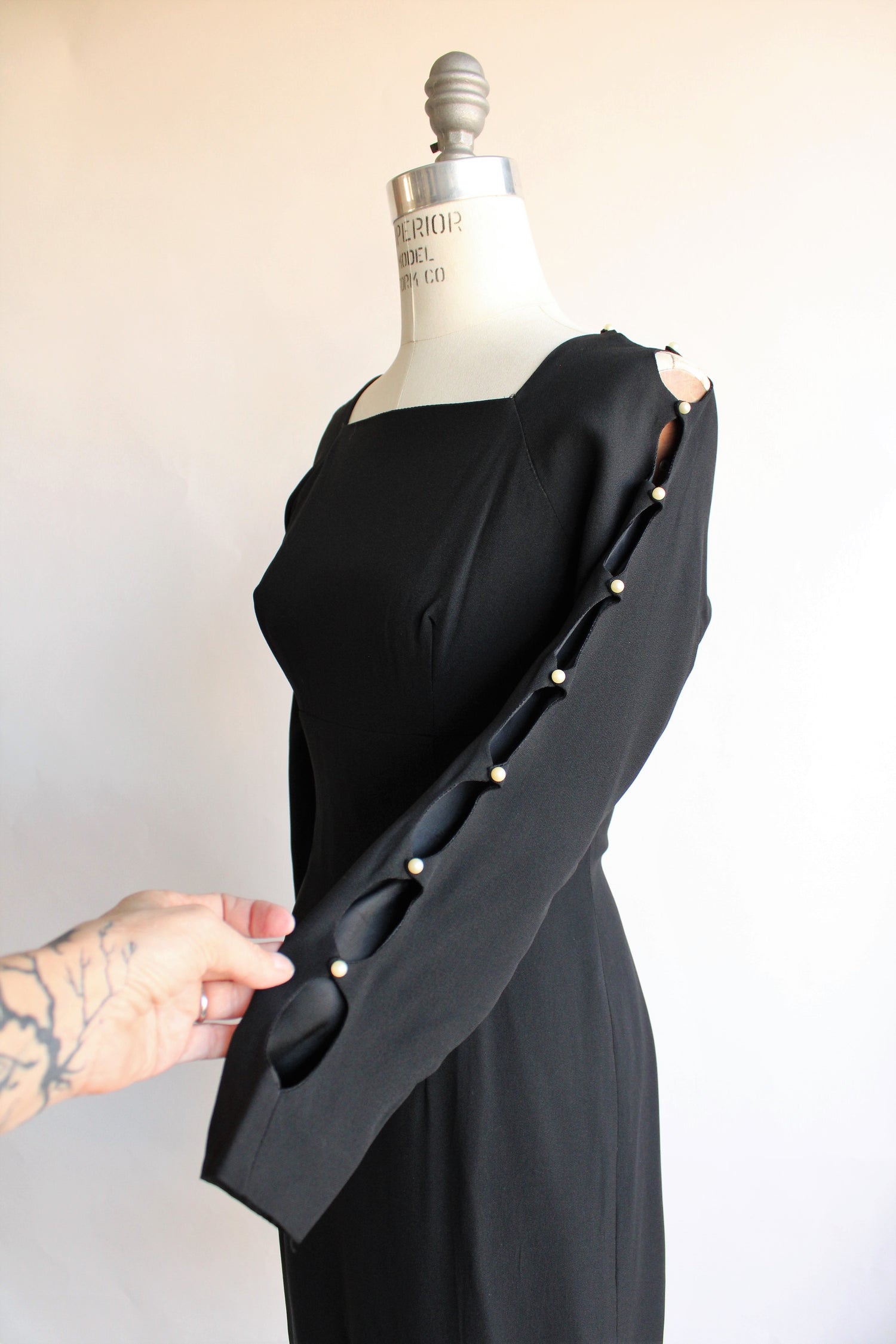 Vintage 1960s Black Dress With Cold Shoulder And Pearl Details