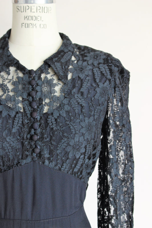 Vintage 1940s Black Rayon Dress With Lace Bodice