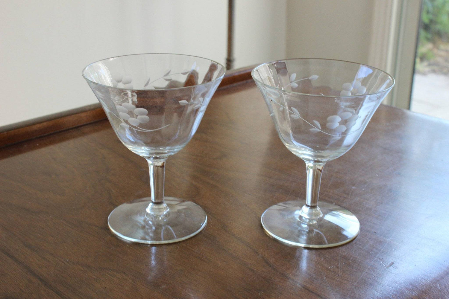Vintage Cut Glass Cocktail or Champagne Glasses, Pair-Mint Chips Vintage Home Goods-Chapagne Glasses,Collectible Glass,Floral Pattern,Frosted Glass,Patterned Glasses,Scalloped,Vintage,Vintage Cocktail Glasses,Vintage Glass