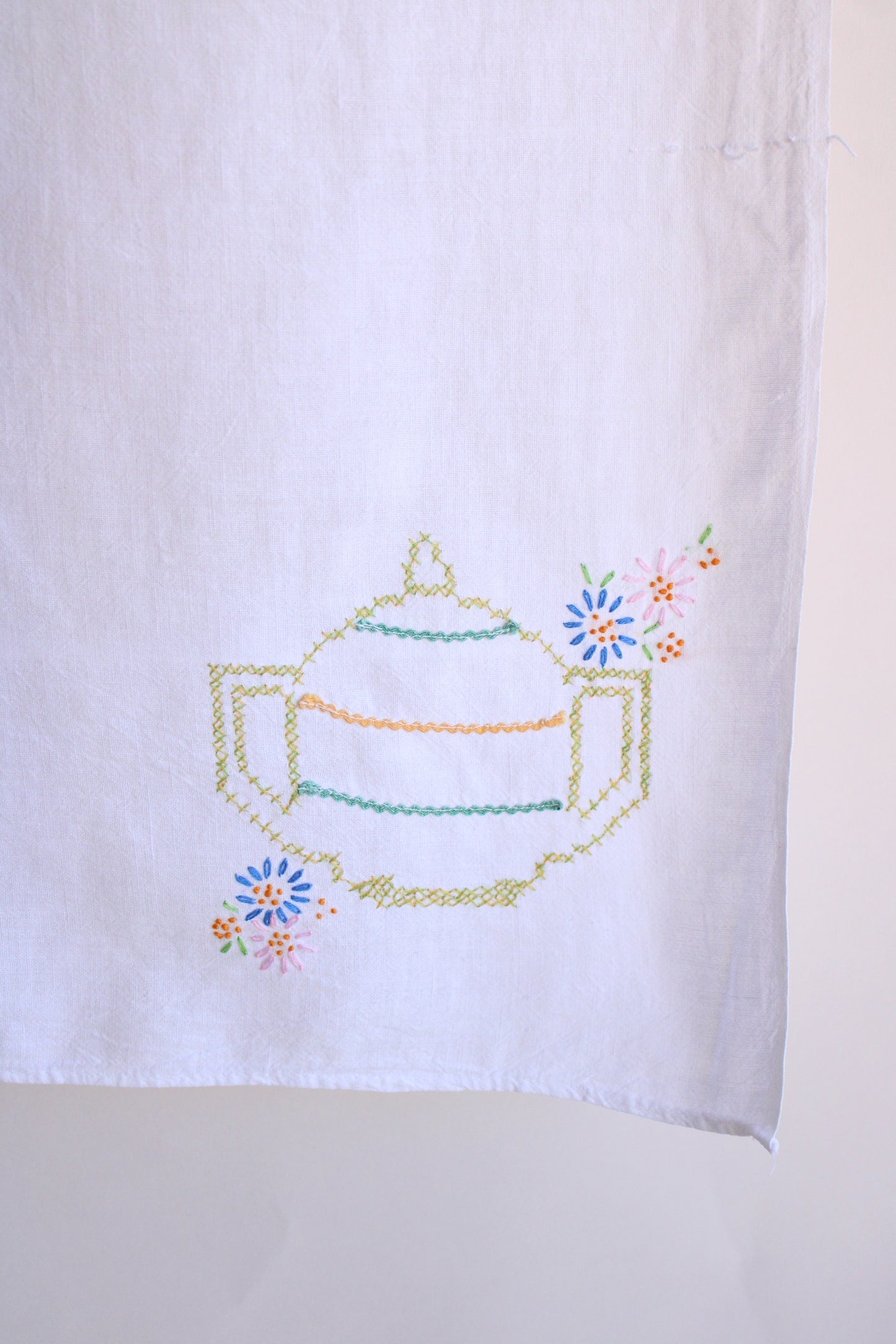 Vintage 1950s Feedsack Tablecloth with Teapot Cross-stitch