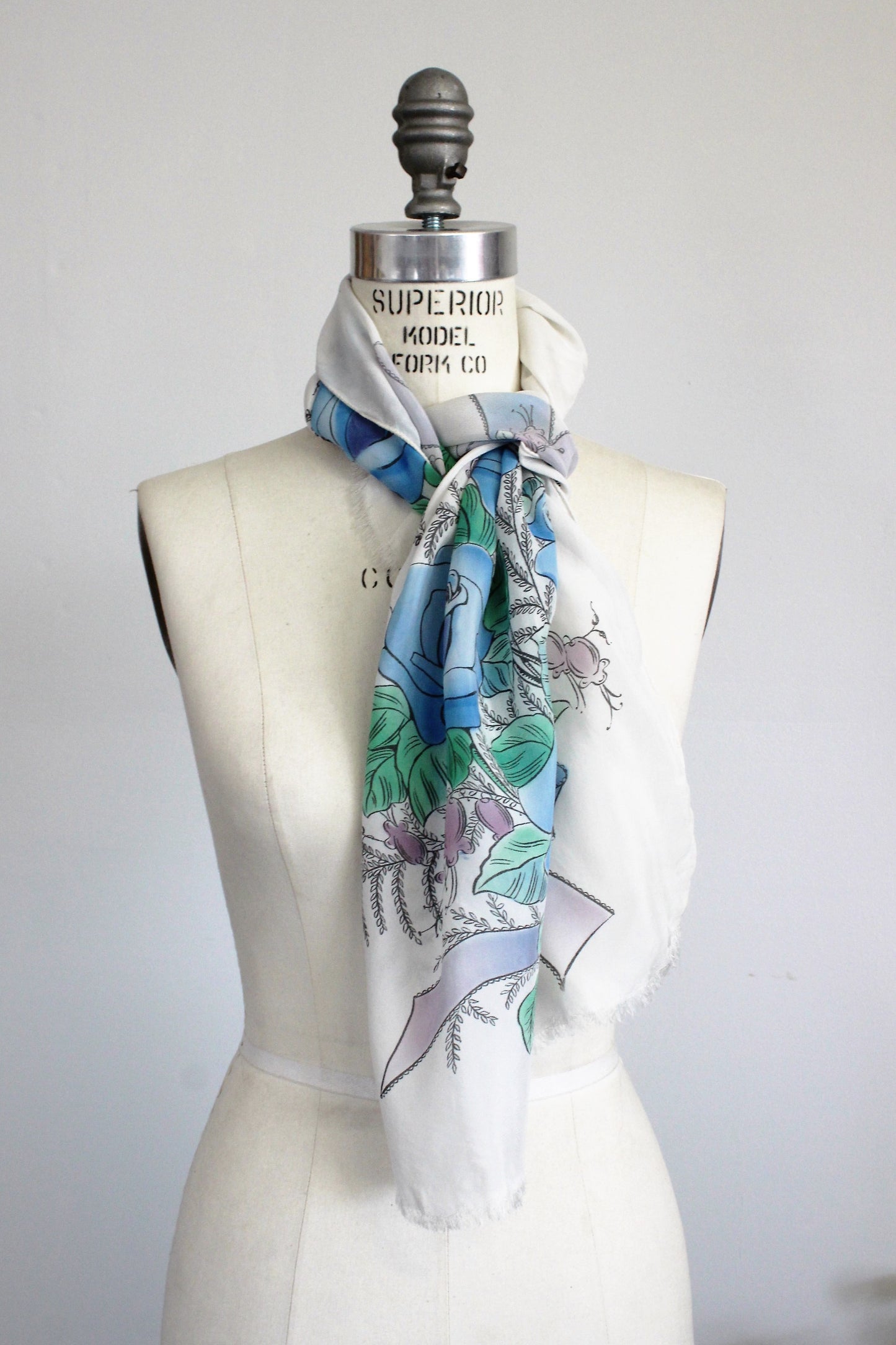 Vintage 1950s Scarf With Blue Roses