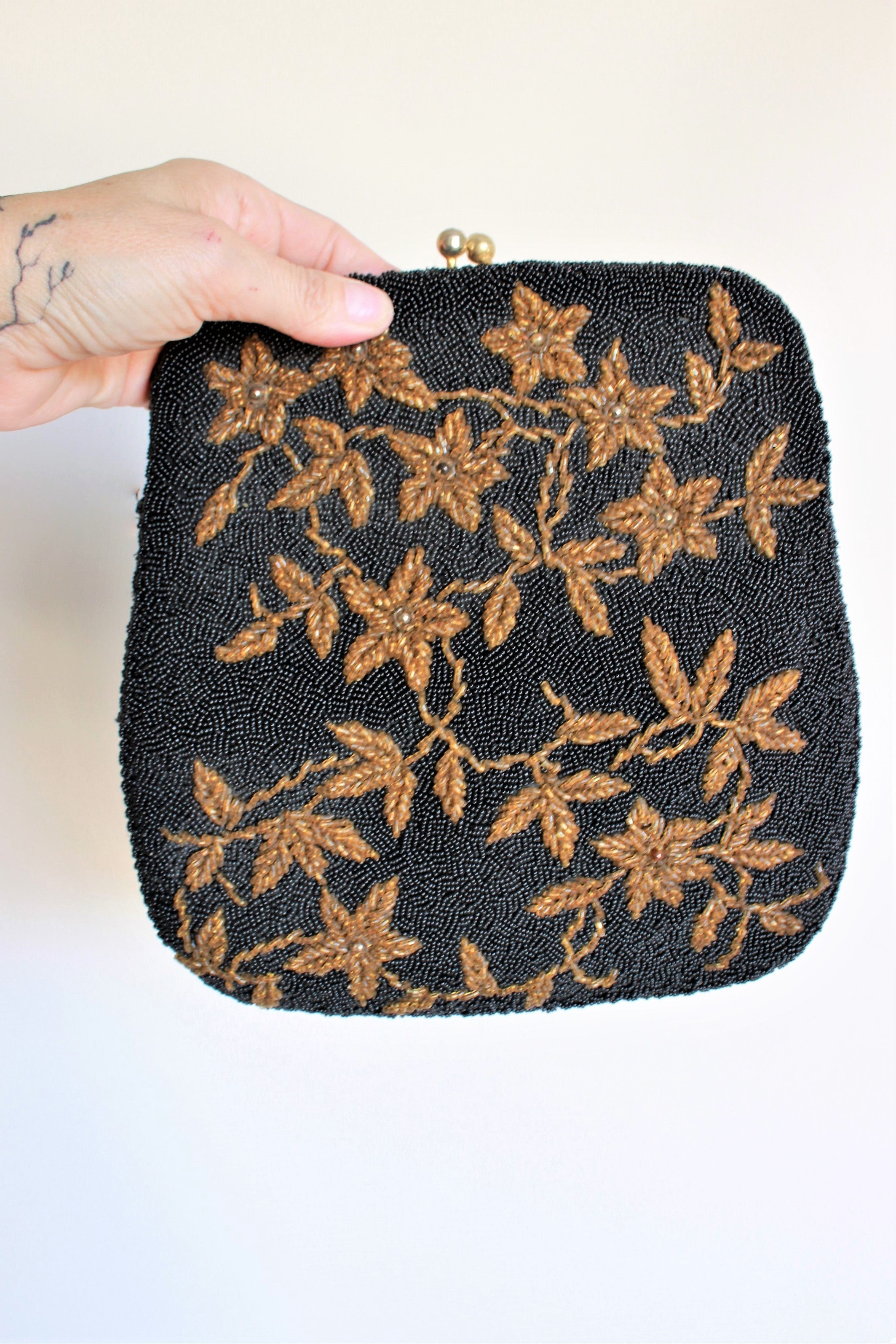 1950s Black and Gold Caviar Beaded Floral Evening Purse