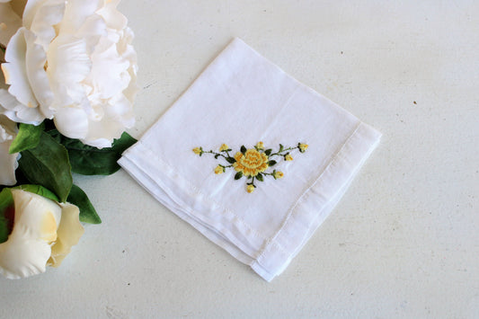 Vintage Embroidered Handkerchief with Yellow Roses