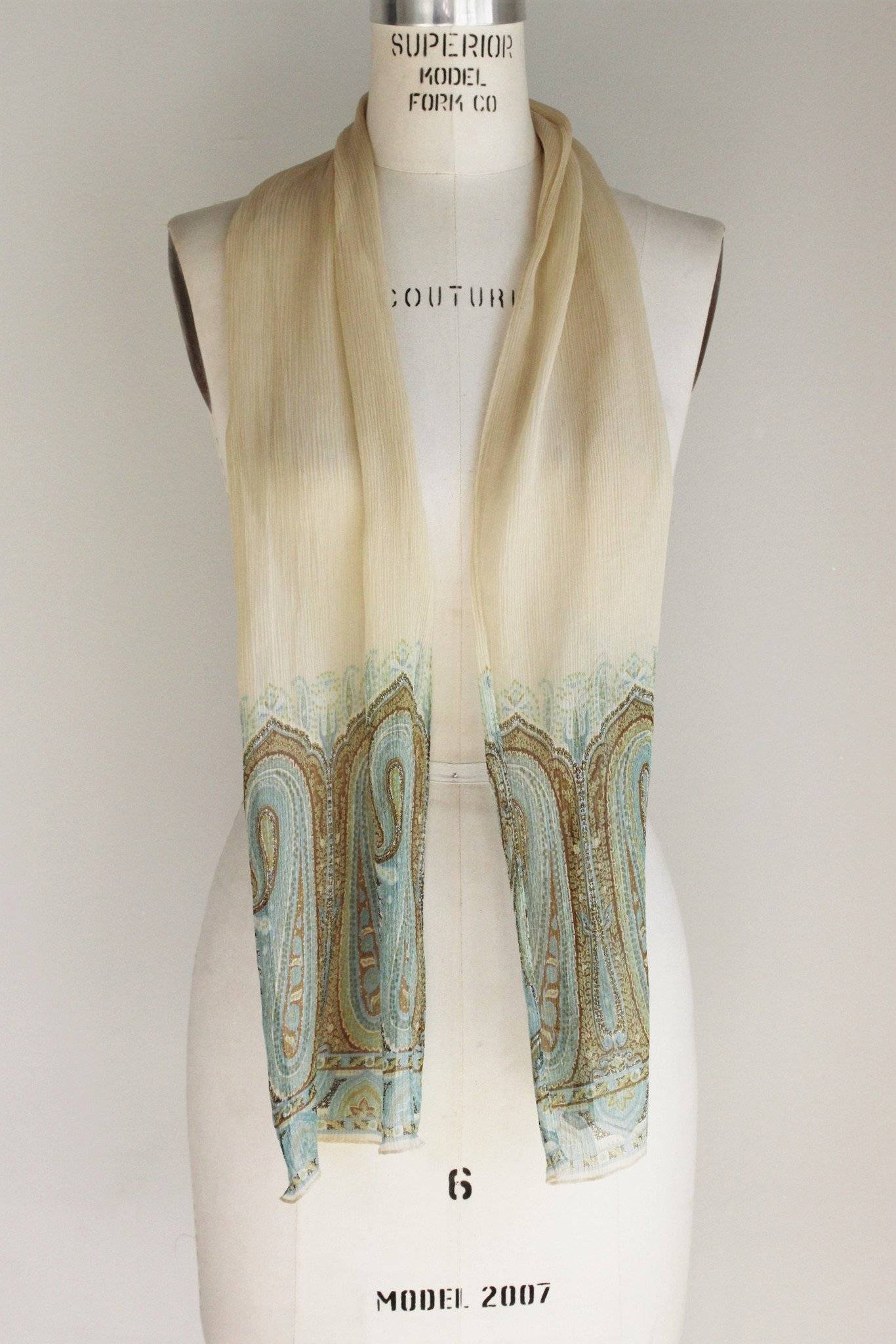 Vintage Echo 1960s Long Scarf, Ivory Chiffon Green Blue And Brown Paisley-Toadstool Farm Vintage-1960s,accessory,chiffon,echo,long,paisley,scarf,Vintage,Vintage Clothing,wrap