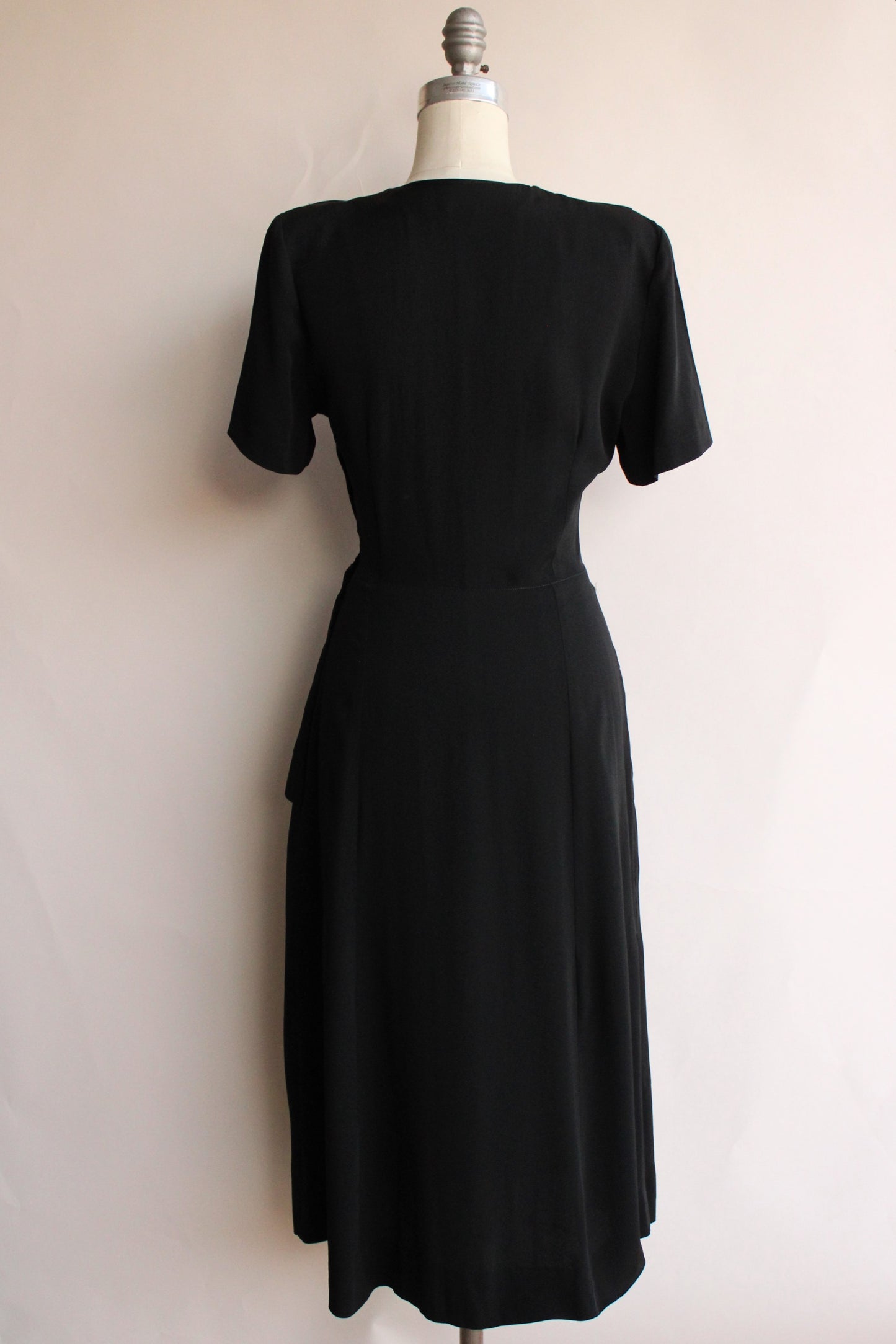 Vintage 1940s Black Rayon Dress With Square Shawl Collar