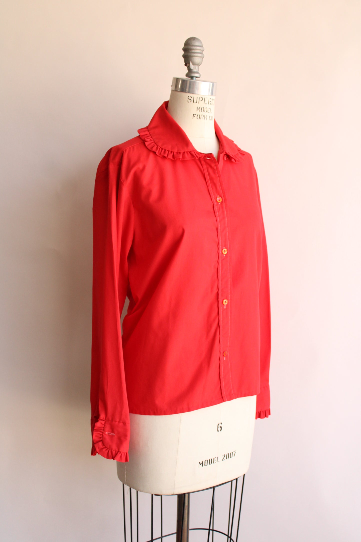 Vintage 1970s Lady Marlboro Red Button Up Shirt with Ruffled Collar