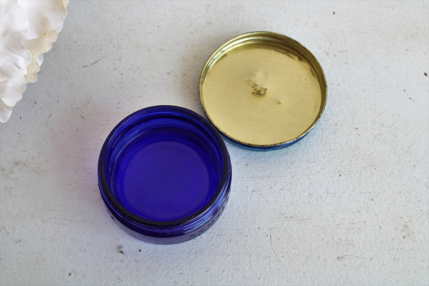Vintage 1950s Cobalt Blue Glass Jar of Blue Coral Sealer