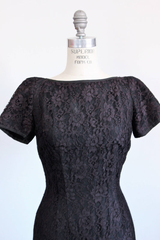 Vintage 1950s Black Lace Wiggle Dress With Cap Sleeve