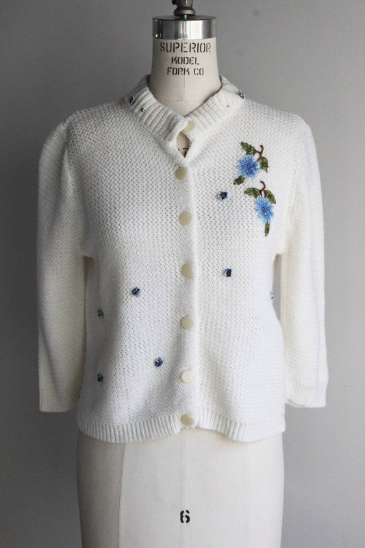 Vintage 1960s White Turbo Orlon Cardigan Sweater With Blue Flower Appliques-Toadstool Farm Vintage-1960s,60s,Appliques,Blue flowers,Cardigan,orlon,Sweater,Vintage,Vintage Clothing,White