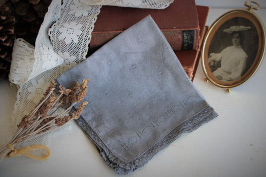 Hand Plant Dyed Blue Grey Linen Vintage Handkerchief with Crochet Lace Trim