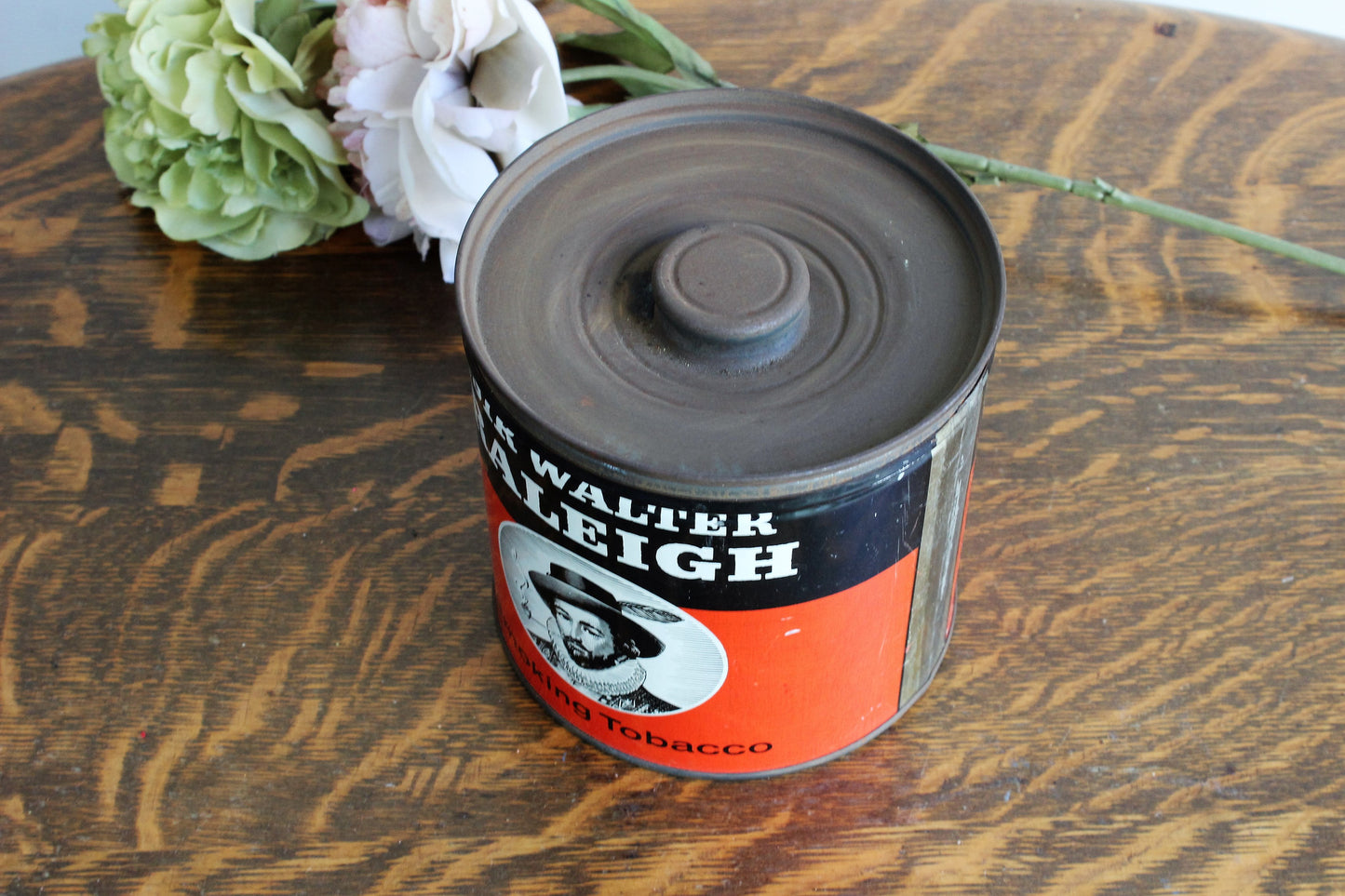 Vintage 1940s Tobacco 14 Oz Large Tin With Lid, Sir Walter Raleigh