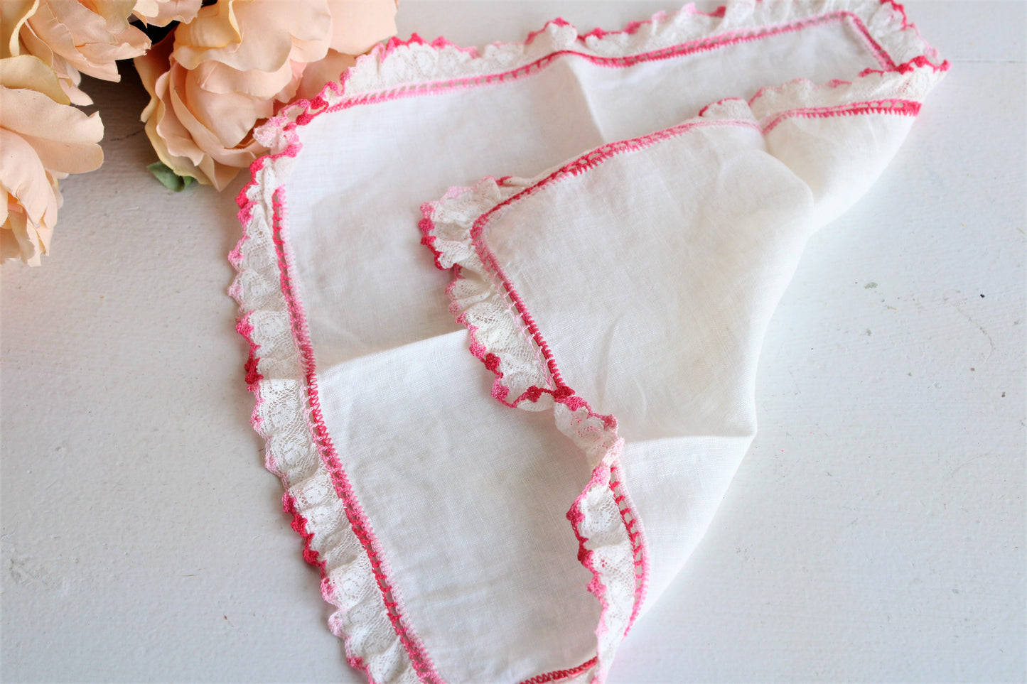 Vintage White Linen Hanky with Pink Lace Trim