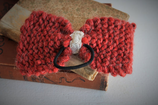 Handknit "Fox" Rust Color Hair Bow with Vintage Lace