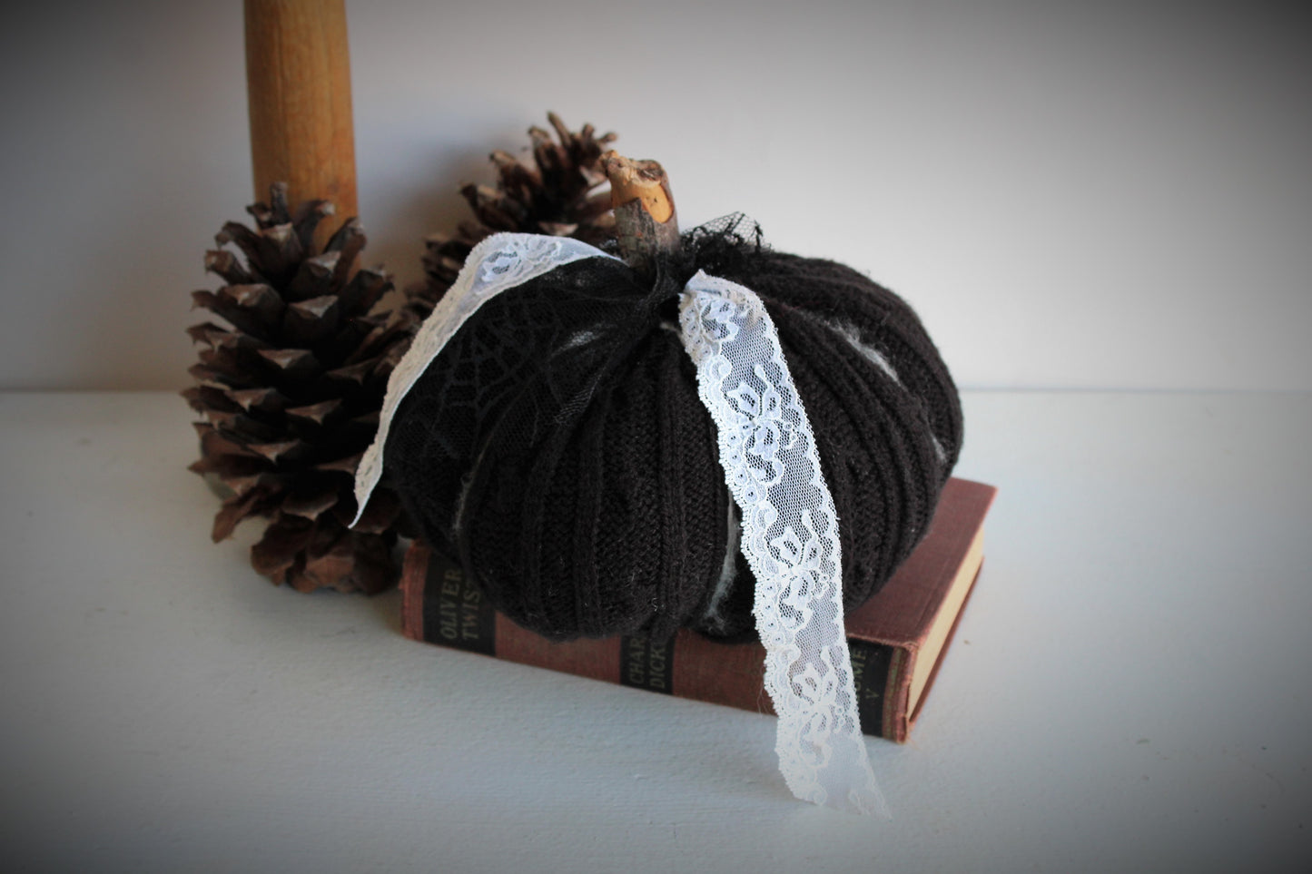 Black Knit Pumpkin Pillow Pouf, With Black and Ivory Lace and Wooden Stem