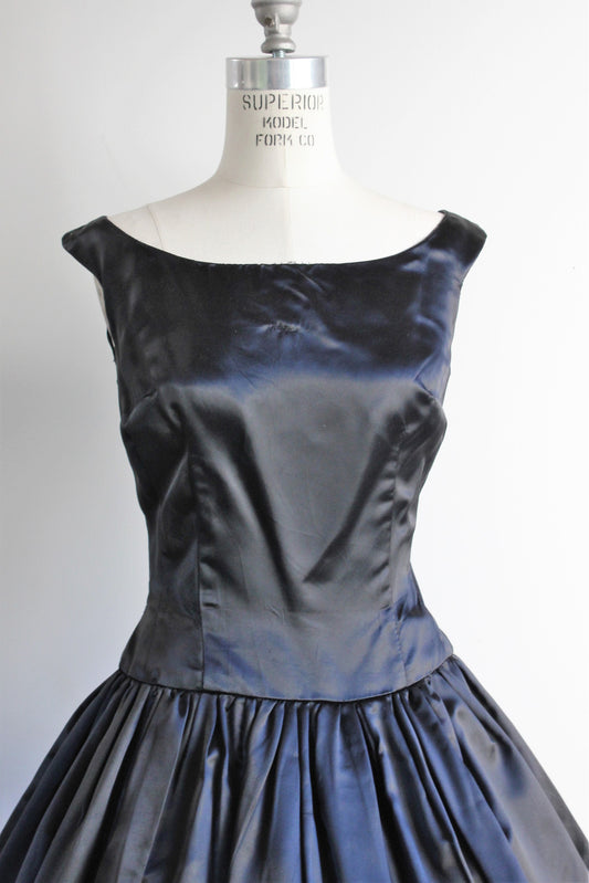 Vintage 1950s Black Silk Satin Dress / 50s Fit And Flare