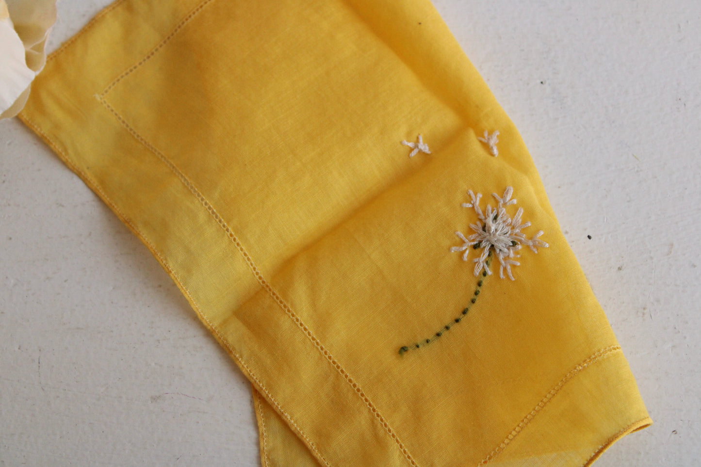 Hand Embroidered Dandelions on a Vintage Yellow Cotton Hanky