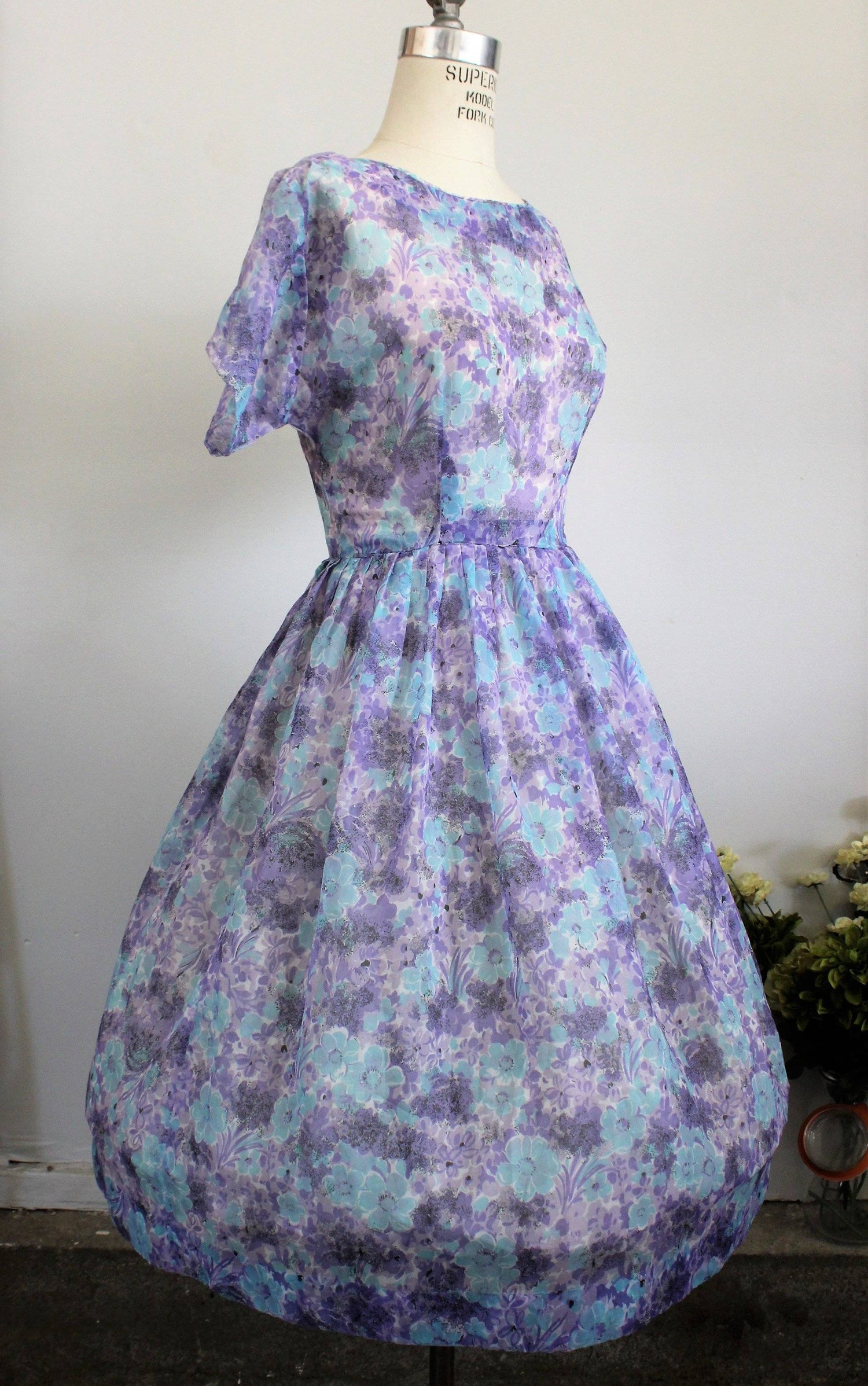 Vintage 1950s Blue and Purple Floral Print New Look Dress, Sheer Nylon-Toadstool Farm Vintage-1940s Dress,40s Clothing,40s Day Dress,40s Dress,Fit and Flare Dress,Floral Print,Full Circle Skirt,Metal Zipper,New Look Dress,Spring Dress,Summer Dress,Vintage,Vintage Clothing,Vintage Dress,Vintage Dresses