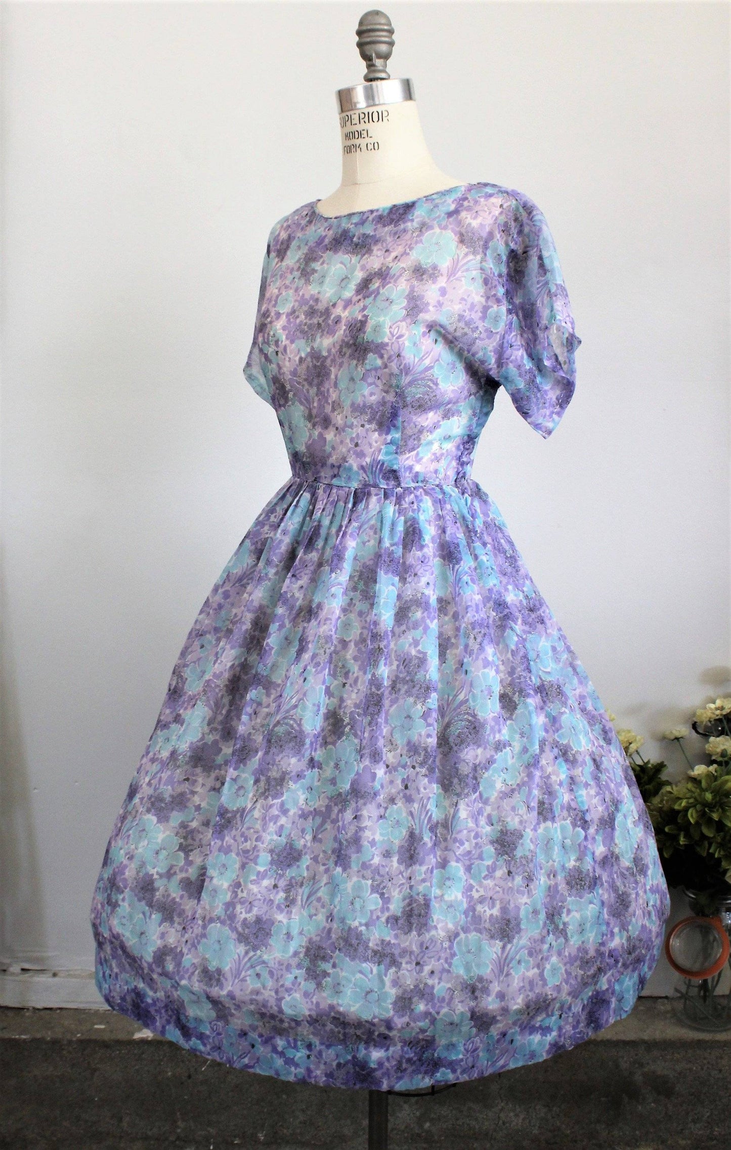 Vintage 1950s Blue and Purple Floral Print New Look Dress, Sheer Nylon-Toadstool Farm Vintage-1940s Dress,40s Clothing,40s Day Dress,40s Dress,Fit and Flare Dress,Floral Print,Full Circle Skirt,Metal Zipper,New Look Dress,Spring Dress,Summer Dress,Vintage,Vintage Clothing,Vintage Dress,Vintage Dresses