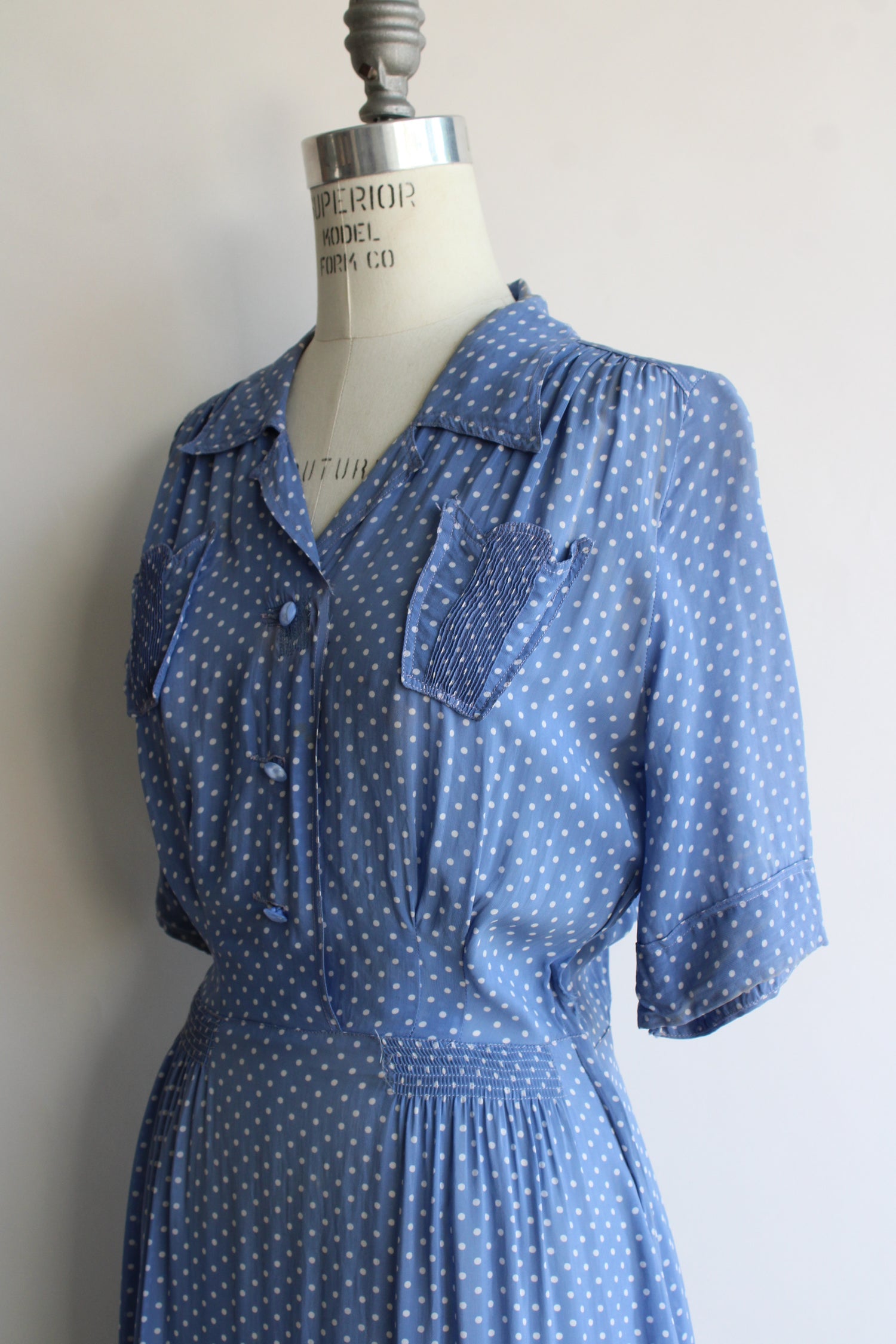 Vintage 1940s Blue and White Polka Dot Rayon Dress