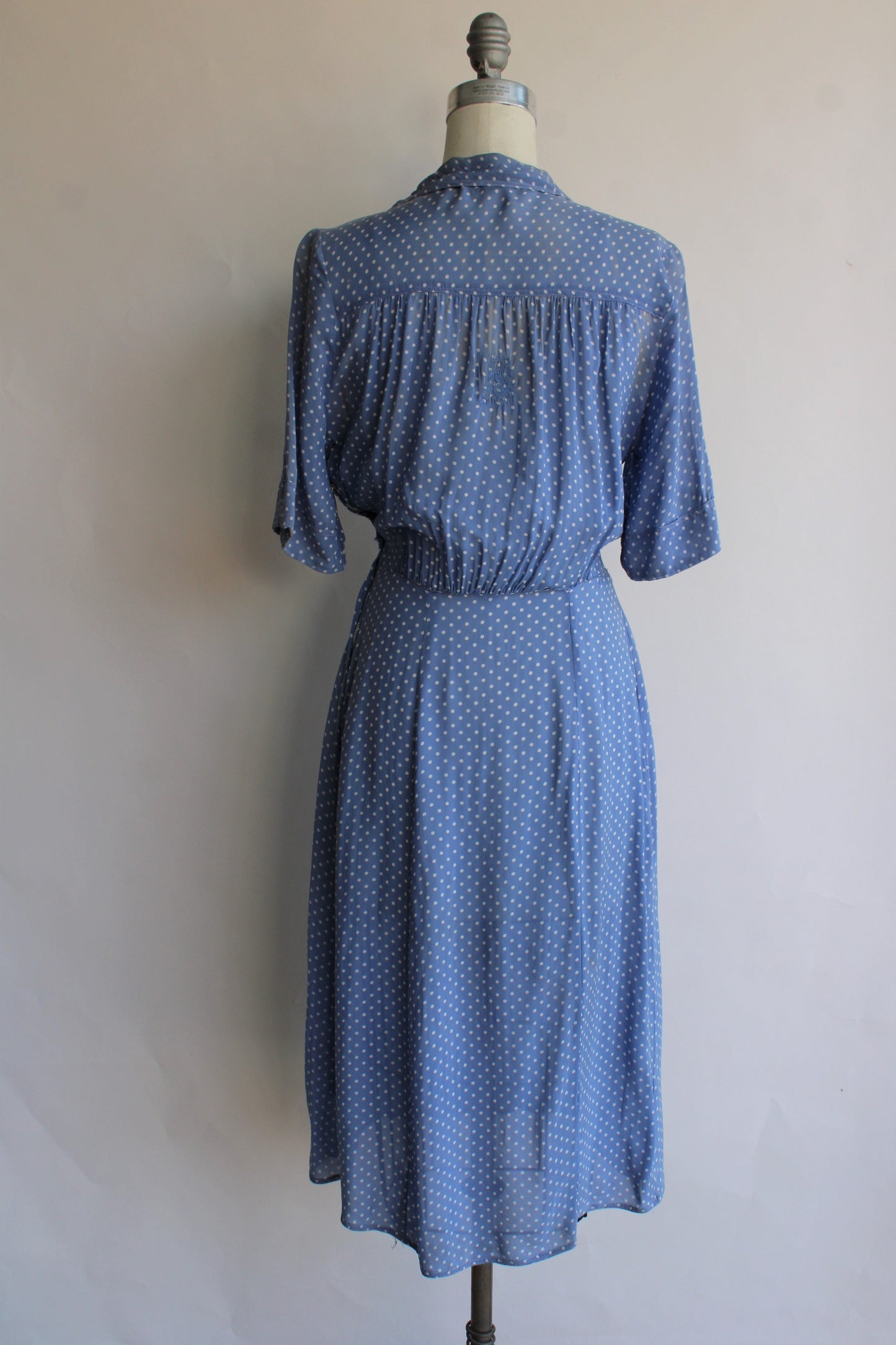 Vintage 1940s Blue and White Polka Dot Rayon Dress