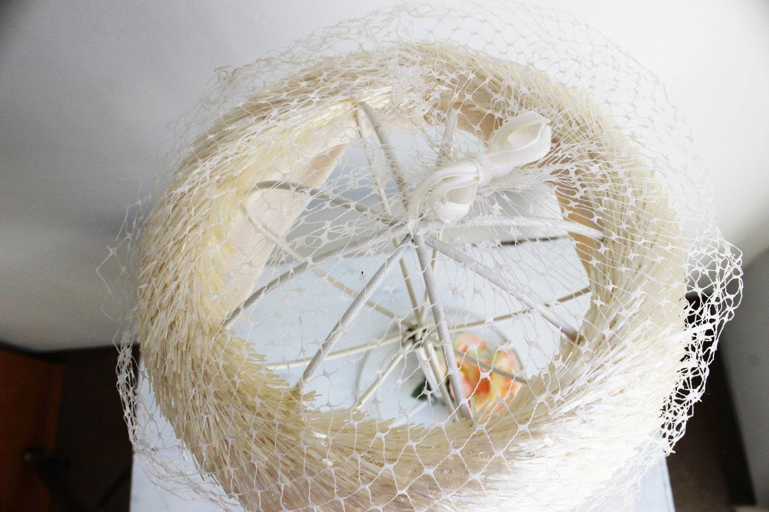 Vintage 1960s Ivory Hat with Birdcage Veil and Ribbon Bow-Toadstool Farm Vintage-1950s,1960s,Birdcage,bridal,bridal Wedding,Fascinator,Hat,Ivory,Millinery,netting,Veil,Velvet Bow,Vintage