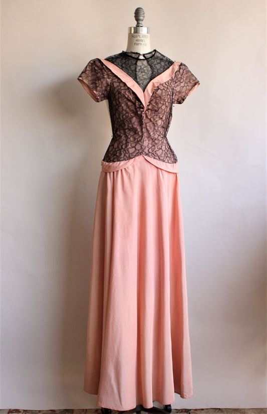 Vintage 1940s Pink Taffeta Gown with Black Lace Bodice