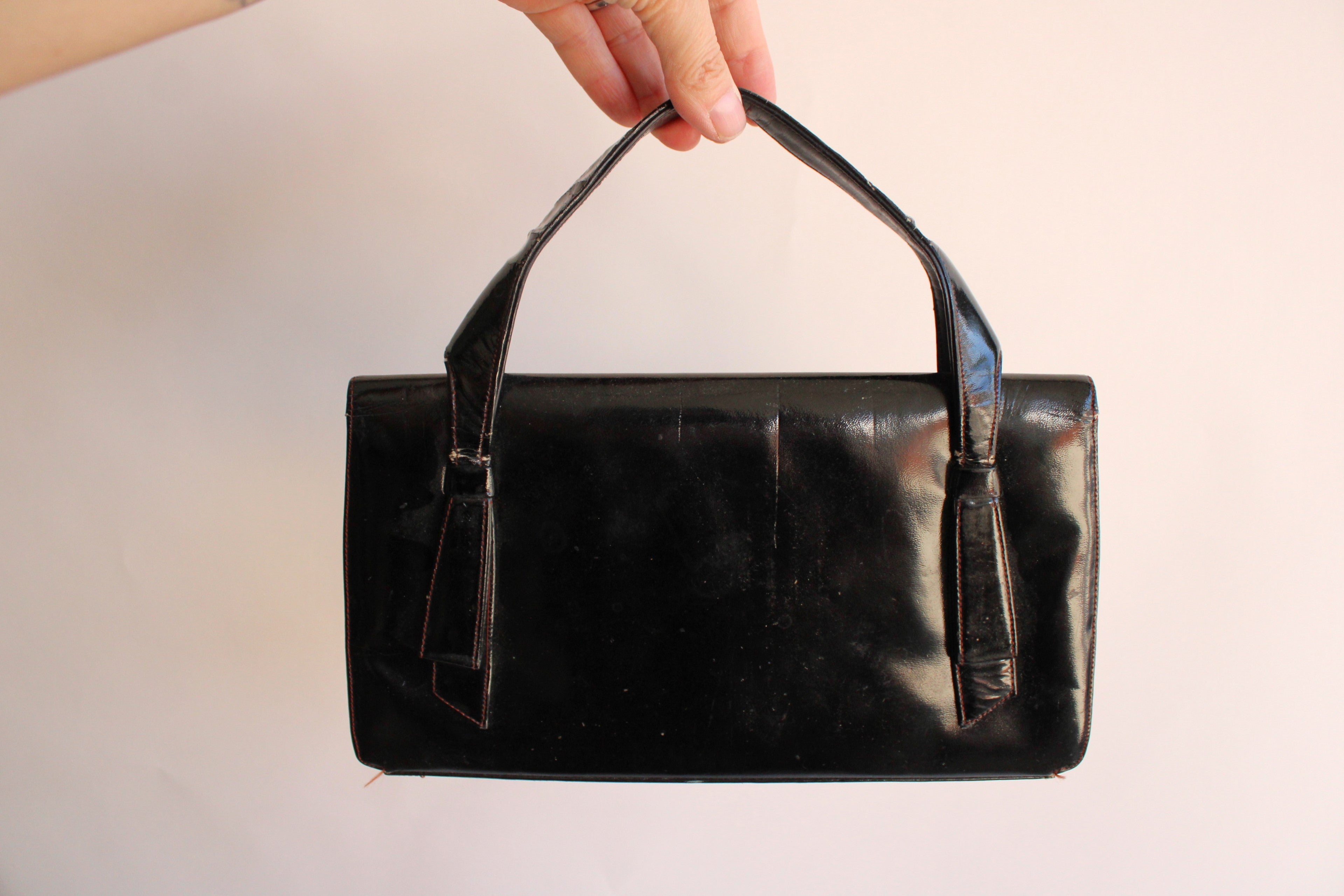 Vintage Black Patent Leather Handbag by Coblentz. 1950s Sustainable Fa