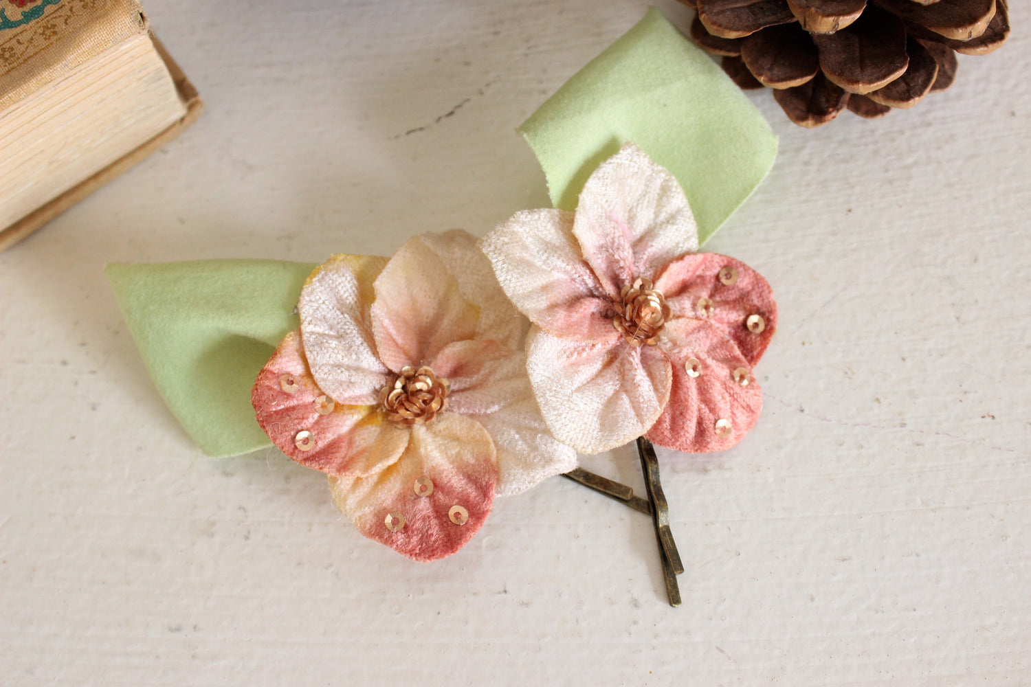 Flower Hairpins With Vintage Velvet Millinery Flowers, Set of Two