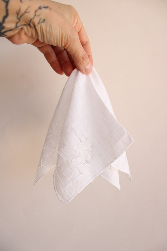 Vintage White Linen Cutwork Handkerchief
