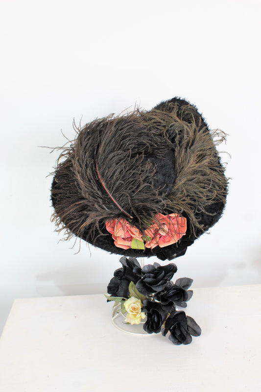 Vintage Antique 1890s - 1910s Black Fur Wide Brimmed Hat