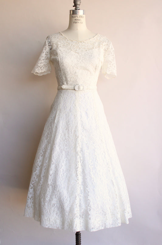 Vintage 1950s White Lace Dress with Belt
